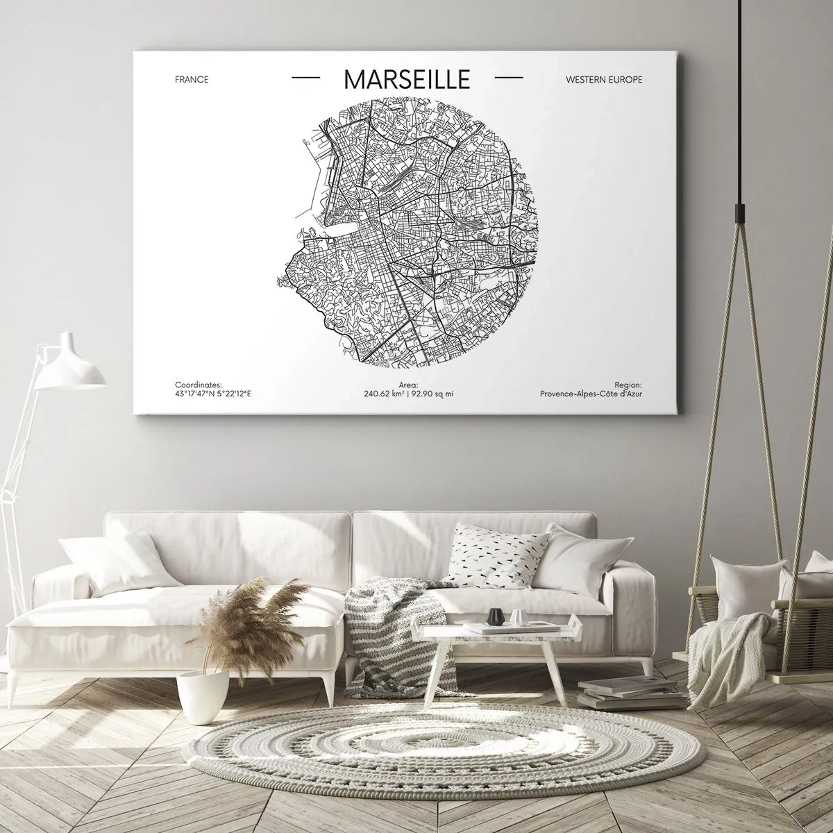 Vászonkép - Marseille térképe minimalista stílusban - 70x50cm - Marseille anatómiája - Modern fali dekoráció nappalihoz és hálószobához ARTTOR