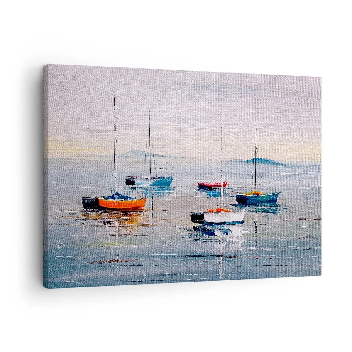 Vászonkép - Színes hajók nyugodt vízen - 70x50cm - Jól megérdemelt pihenés - Modern fali dekoráció nappalihoz és hálószobához ARTTOR