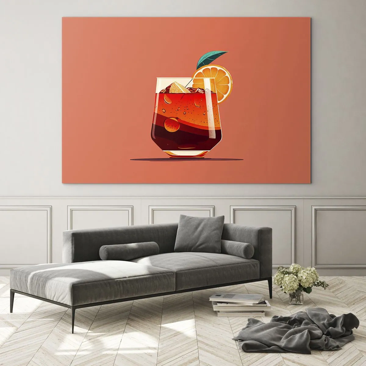 Üveg kép - Egy színes ital naranccsal meleg őszibarack háttér előtt - 70x50cm - Nyári felfrissülés - Modern fali dekoráció nappalihoz és hálószobához ARTTOR