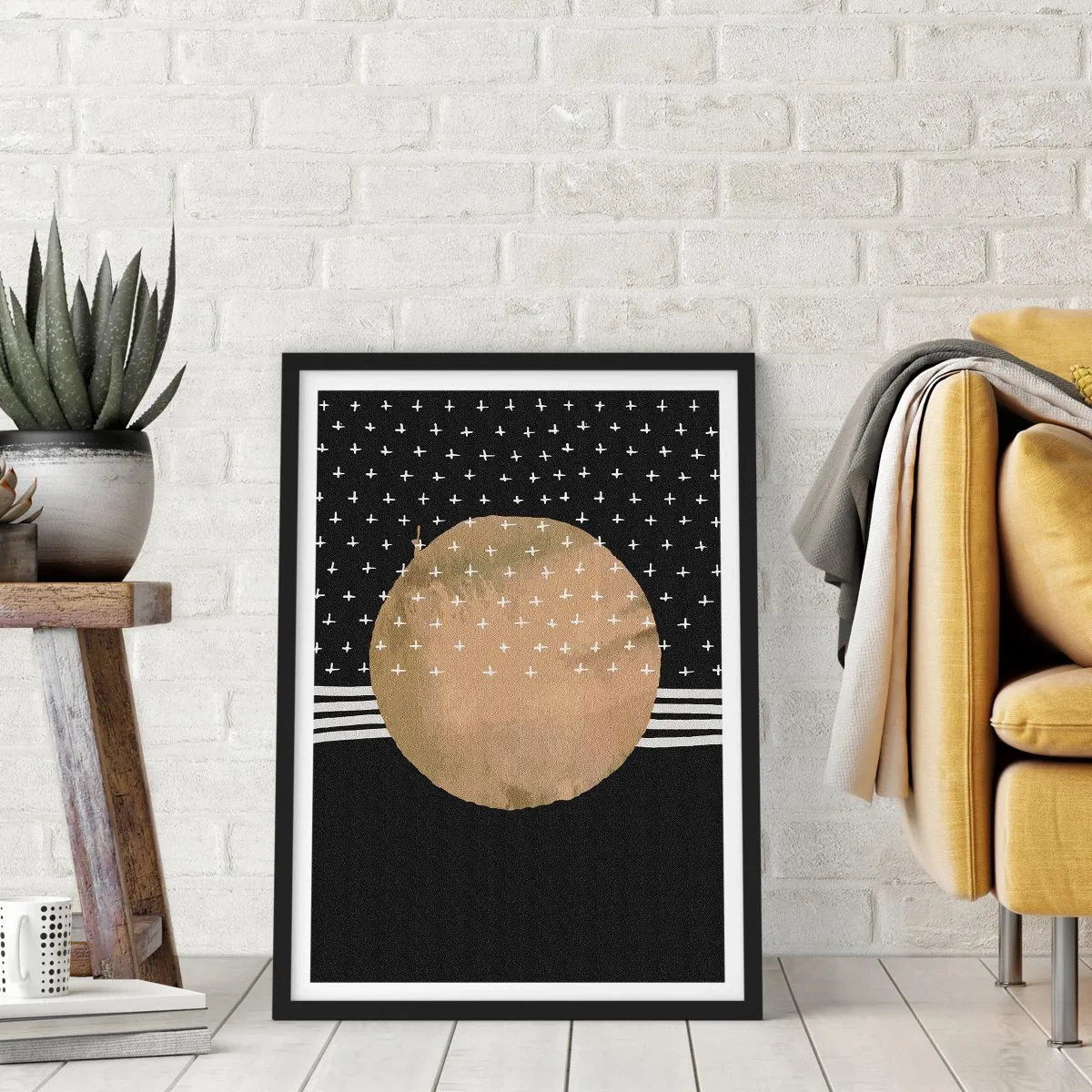 Poszter fehér keretben - Absztrakt arany golyó mintás fekete alapon - 50x70cm - Kompozíció: a galaxis zászlaja - Modern fali dekoráció nappalihoz és hálószobához ARTTOR