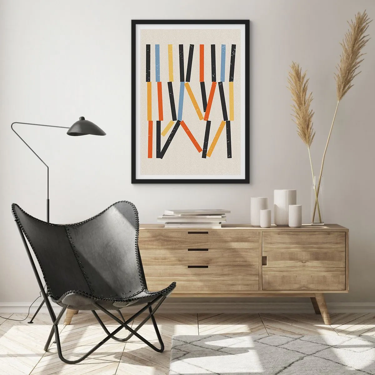Poszter fehér keretben - Színes geometrikus absztrakció függőleges vonalakkal - 50x70cm - Vízszintes kompozíció - Modern fali dekoráció nappalihoz és hálószobához ARTTOR