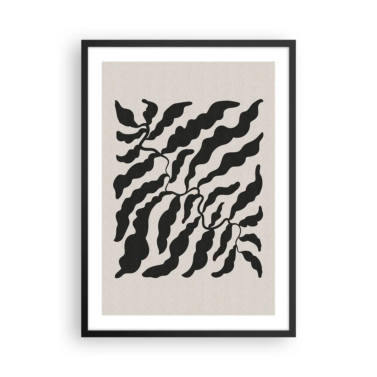 Poszter fehér keretben - Absztrakt növényi kompozíció fekete színben bézs alapon - 50x70cm - A tér természete - Modern fali dekoráció nappalihoz és hálószobához ARTTOR