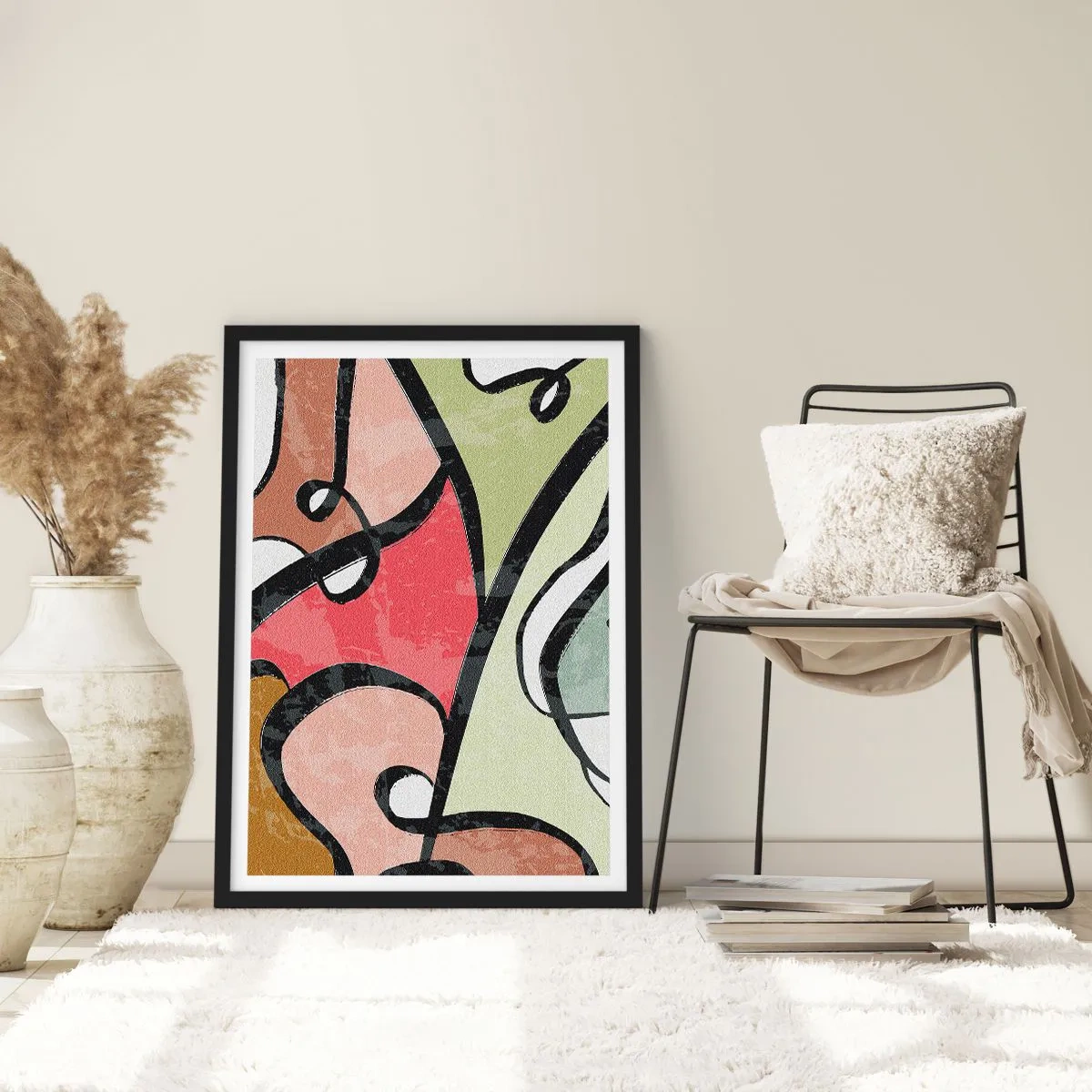 Poszter fehér keretben - Színes absztrakció fekete körvonalakkal - 50x70cm - Pirouettek a színek között - Modern fali dekoráció nappalihoz és hálószobához ARTTOR