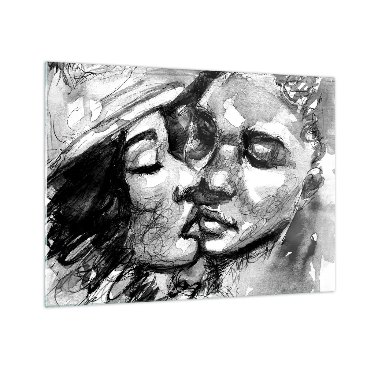 Üveg kép - Fekete-fehér vázlat egy gyengéd csóról - 70x50cm - Egy érzelmes pillanat - Modern fali dekoráció nappalihoz és hálószobához ARTTOR