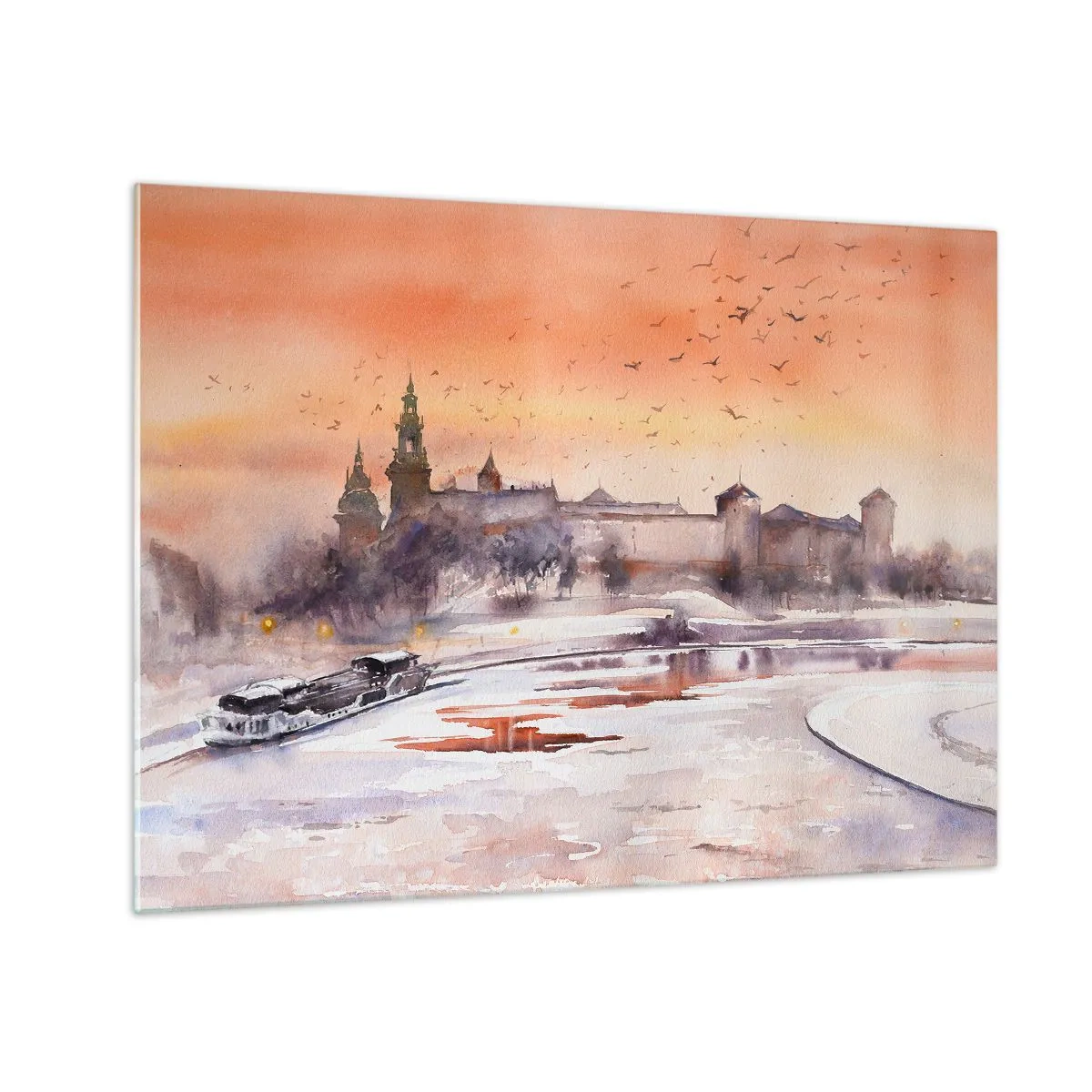 Üveg kép - Naplemente a királyi vár és a folyó felett télen - 70x50cm - Királyi naplemente - Modern fali dekoráció nappalihoz és hálószobához ARTTOR