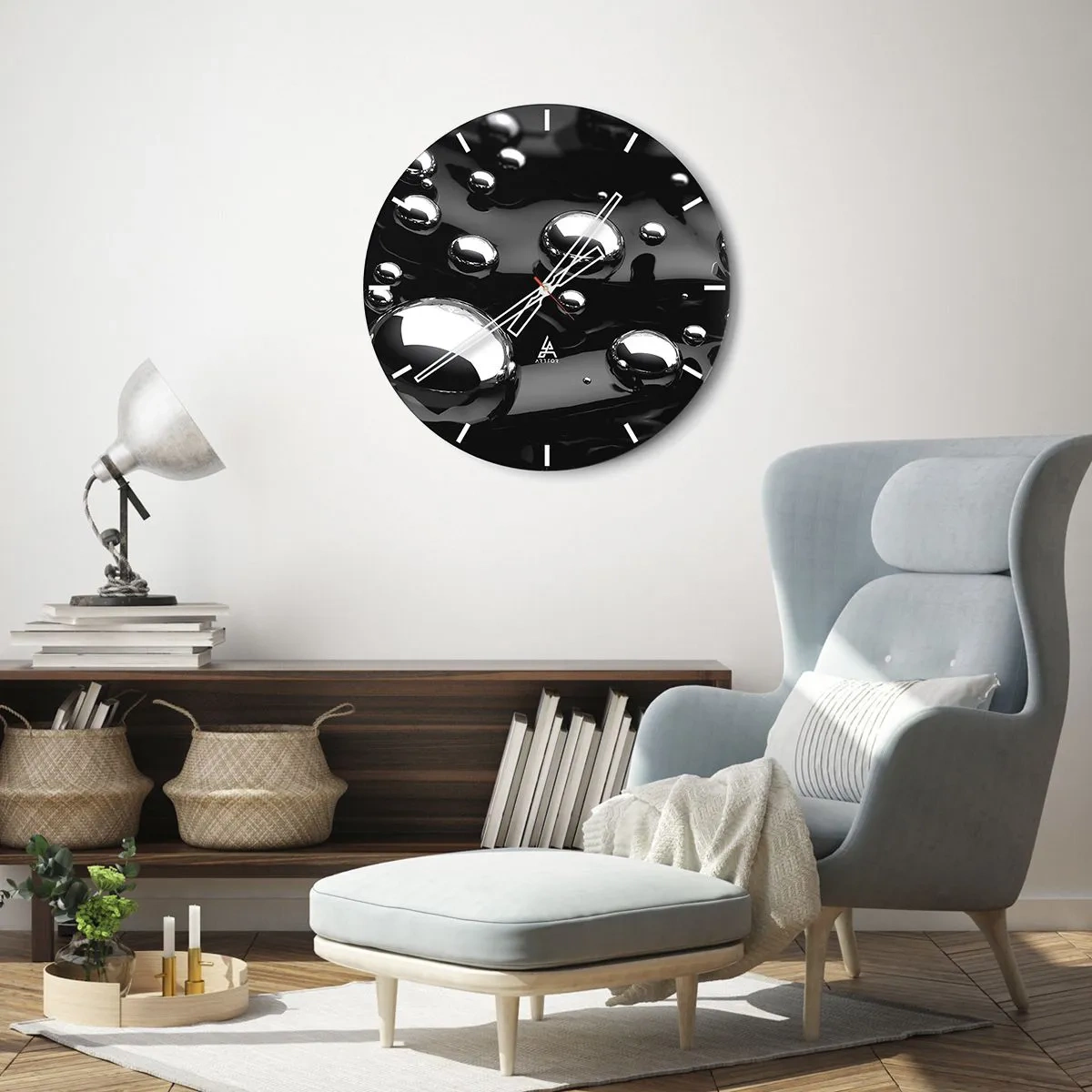 Falióra, Óra - Fekete háttér csillogó vízcseppekkel - 30x30cm - A fekete vízből - Modern fali dekoráció nappalihoz, konyhához és hálószobához ARTTOR
