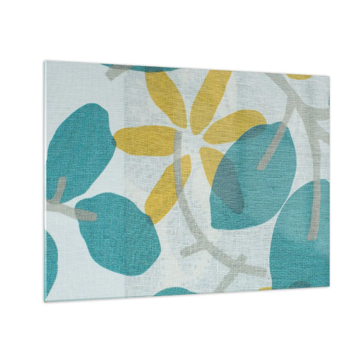 Üveg kép - Növénygrafika azúrkék levelekkel és sárga virágokkal - 70x50cm - Azúrkék levelek között - Modern fali dekoráció nappalihoz és hálószobához ARTTOR