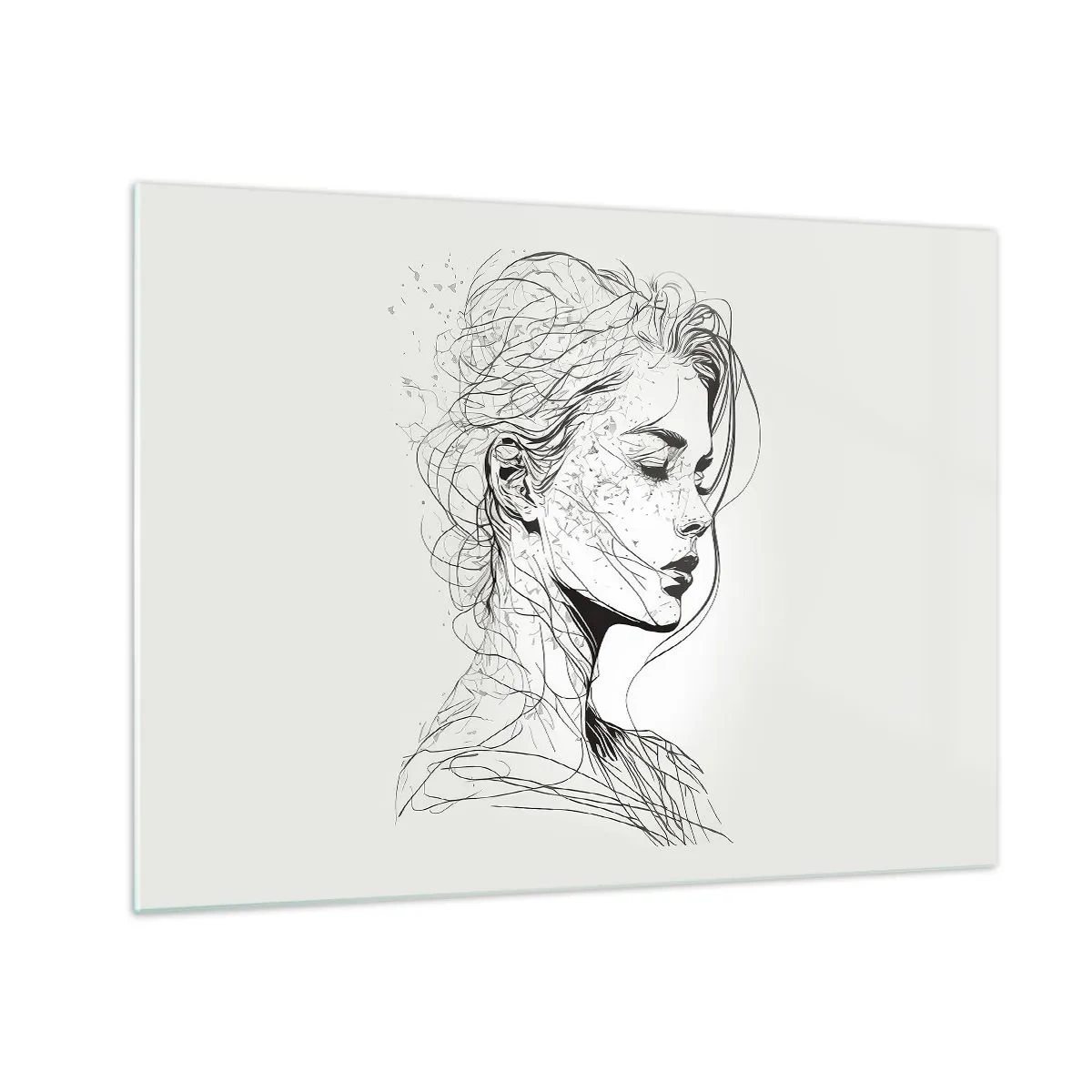Üveg kép - Egy fekete-fehér vázlat egy nőről, csukott szemmel, finom vonalban. - 70x50cm - Portré álmodozásban - Modern fali dekoráció nappalihoz és hálószobához ARTTOR