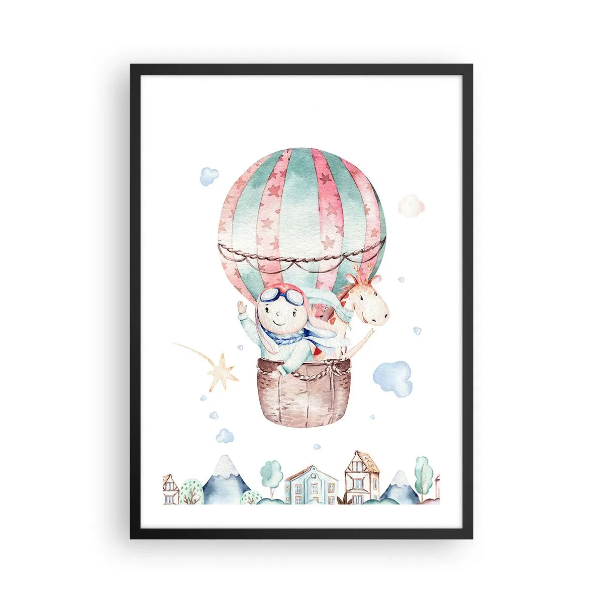 Poszter fehér keretben - Egy aranyos illusztráció egy plüssmackóról, aki léggömbben repül egy város felett - 50x70cm - Nemsokára visszajövünk! - Modern fali dekoráció nappalihoz és hálószobához ARTTOR