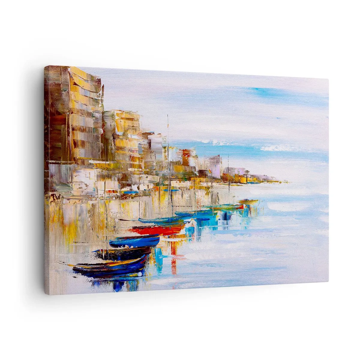 Vászonkép - Színes hajók a parton, kilátással a városra - 70x50cm - Sokszínű városi kikötő - Modern fali dekoráció nappalihoz és hálószobához ARTTOR