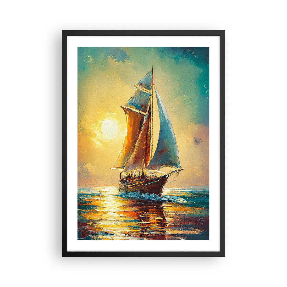 Poszter fehér keretben - Egy vitorlás hajó az aranyló naplemente hátterében - 50x70cm - Teli vitorlák alatt - Modern fali dekoráció nappalihoz és hálószobához ARTTOR