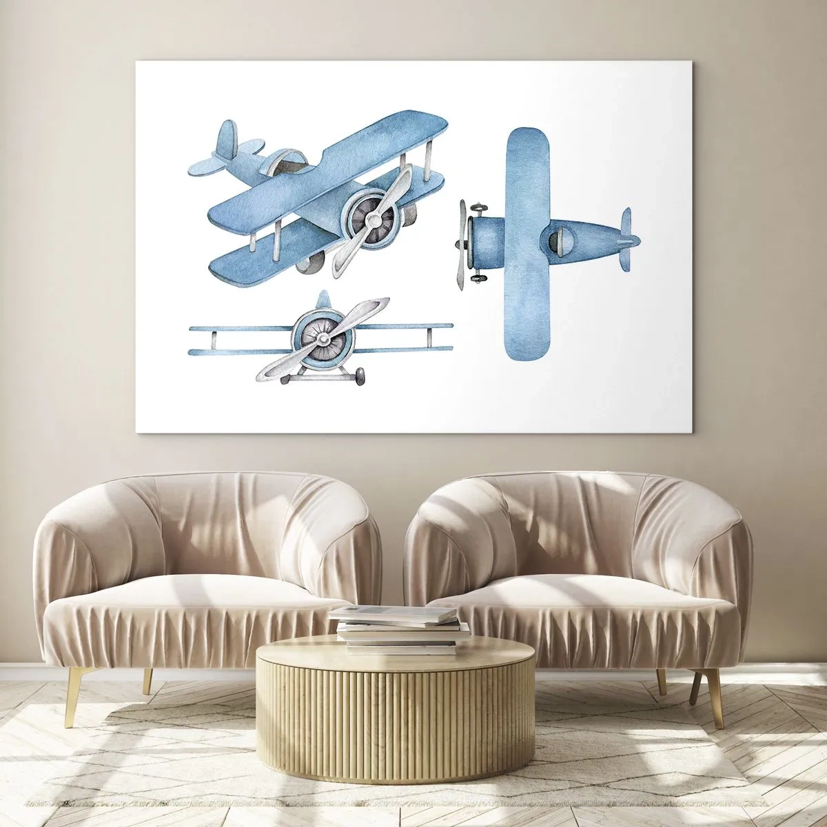 Üveg kép - Kék retro repülőgépek fehér alapon gyerekeknek - 70x50cm - Egy született győztes - Modern fali dekoráció nappalihoz és hálószobához ARTTOR