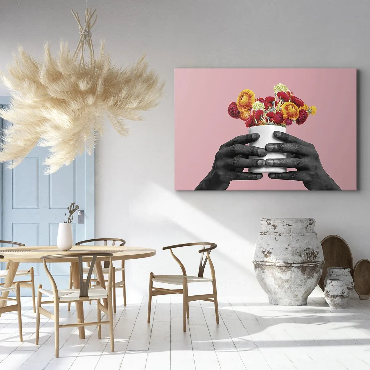 Vászonkép - Kezek, akik egy csokor színes virágot tartanak - 70x50cm - Az élet apoteózisa - Modern fali dekoráció nappalihoz és hálószobához ARTTOR