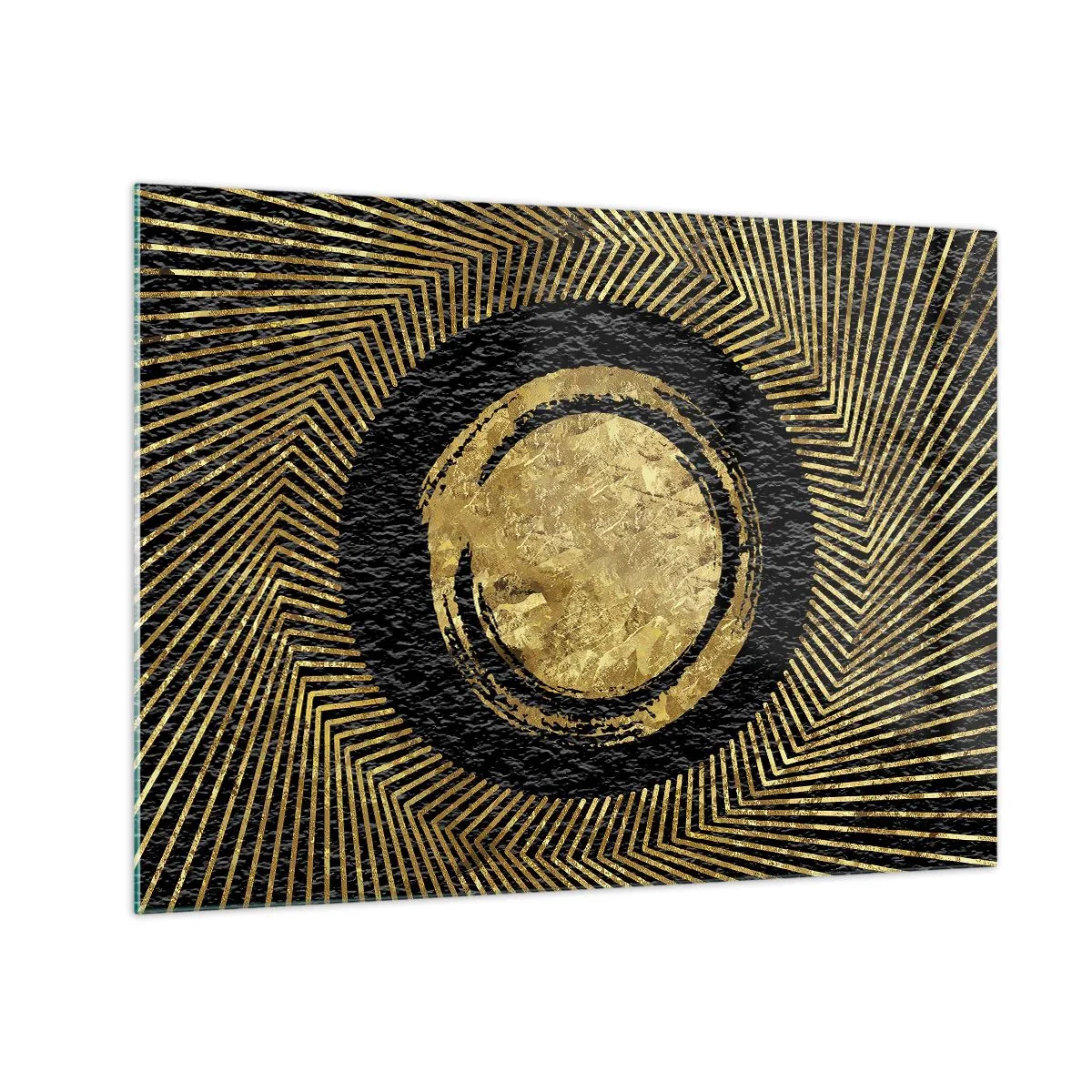 Üveg kép - Arany kör sugarakkal fekete alapon, elbűvölő stílusban - 70x50cm - Glamour kompozíció - Modern fali dekoráció nappalihoz és hálószobához ARTTOR