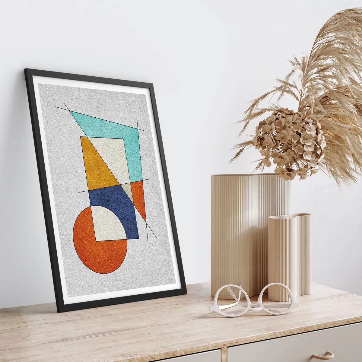 Poszter fehér keretben - Geometrikus absztrakció színes alakokkal és vonalakkal - 50x70cm - Absztrakció: modernista szórakozás - Modern fali dekoráció nappalihoz és hálószobához ARTTOR