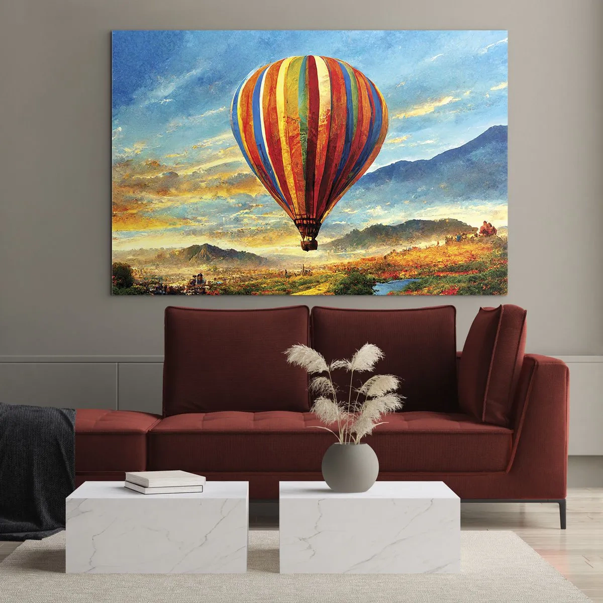 Üveg kép - Egy színes léggömb lebeg a hegyvidéki táj felett - 70x50cm - A csendben többet látsz - Modern fali dekoráció nappalihoz és hálószobához ARTTOR