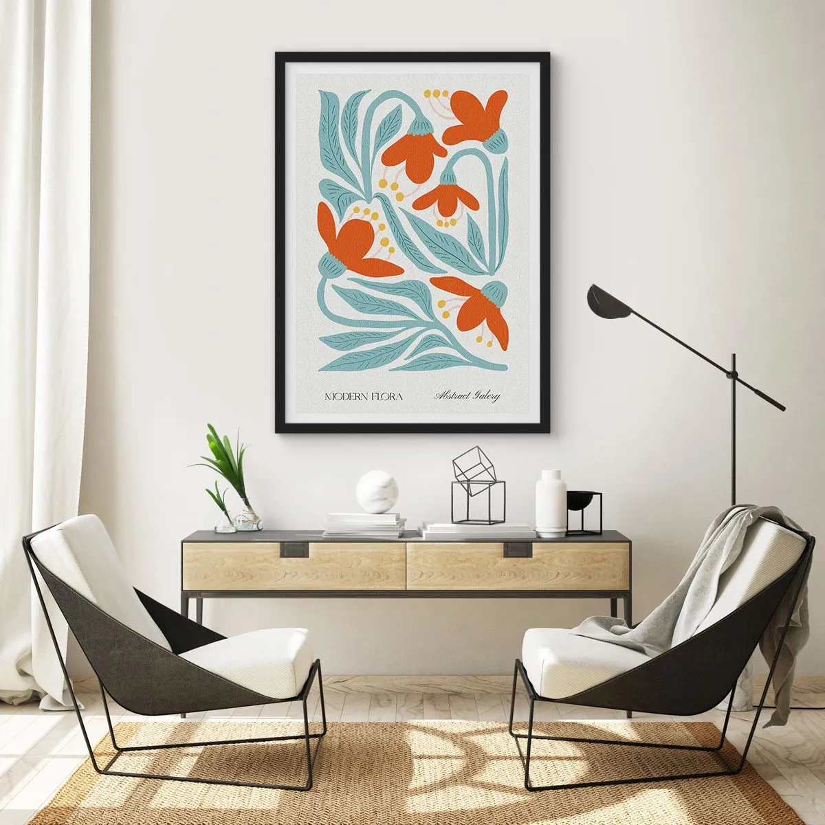 Poszter fehér keretben - Dekoratív virágok narancssárga és kék árnyalatokban - 50x70cm - A föld felé, a nap felé - Modern fali dekoráció nappalihoz és hálószobához ARTTOR