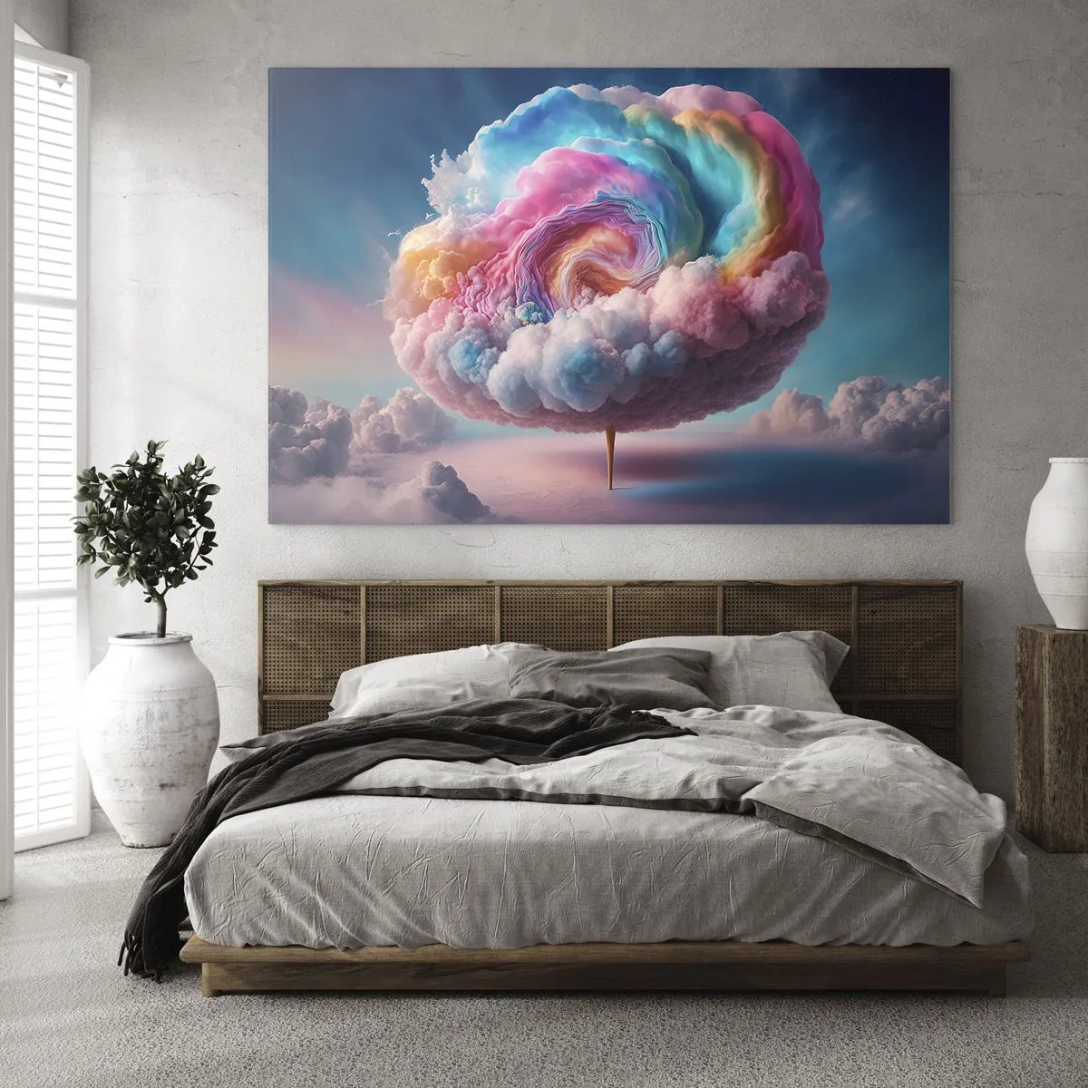 Üveg kép - Egy fantáziadús felhő pasztell színekben, ami vattacukorra hasonlít. - 70x50cm - Álom egy vidámparkról - Modern fali dekoráció nappalihoz és hálószobához ARTTOR