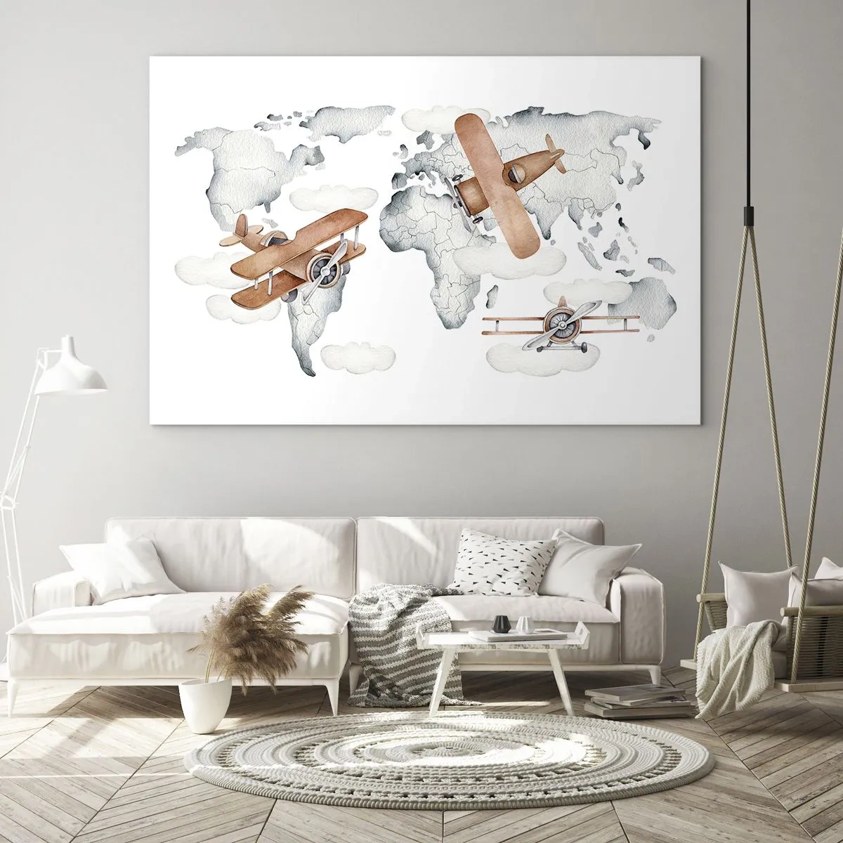 Üveg kép - Retro repülőgép világtérkép gyerekeknek - 70x50cm - Úttörő szellemben - Modern fali dekoráció nappalihoz és hálószobához ARTTOR