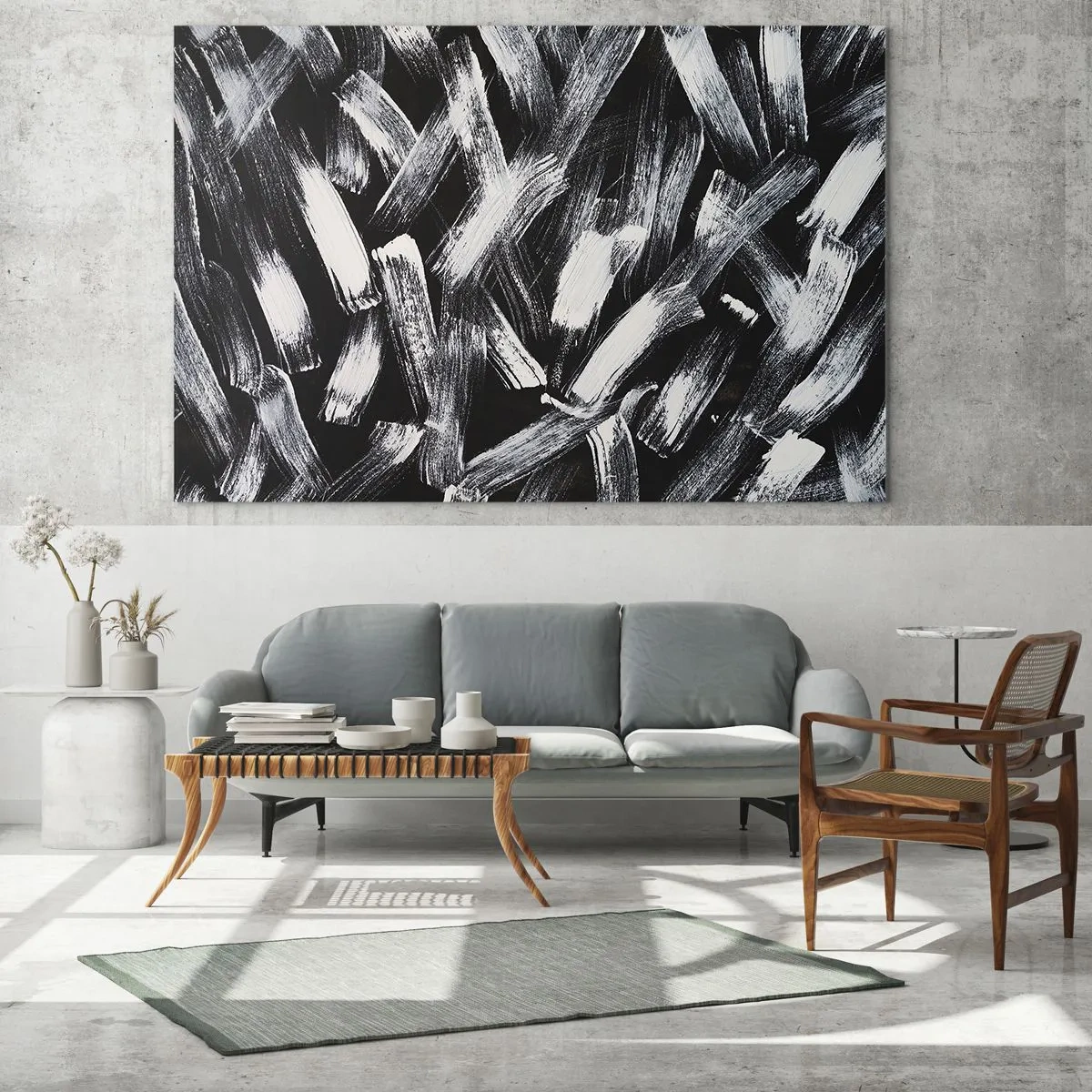 Üveg kép - Ecsetvonások fekete-fehér absztrakciója sötét háttéren - 70x50cm - Absztrakció az ipari szellemben - Modern fali dekoráció nappalihoz és hálószobához ARTTOR