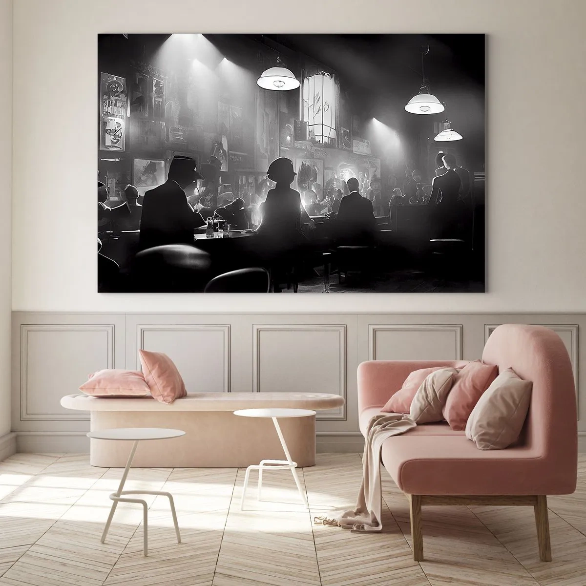 Üveg kép - Fekete-fehér jazz színpad egy klubbelsőben - 70x50cm - Jazzes hangulatban - Modern fali dekoráció nappalihoz és hálószobához ARTTOR