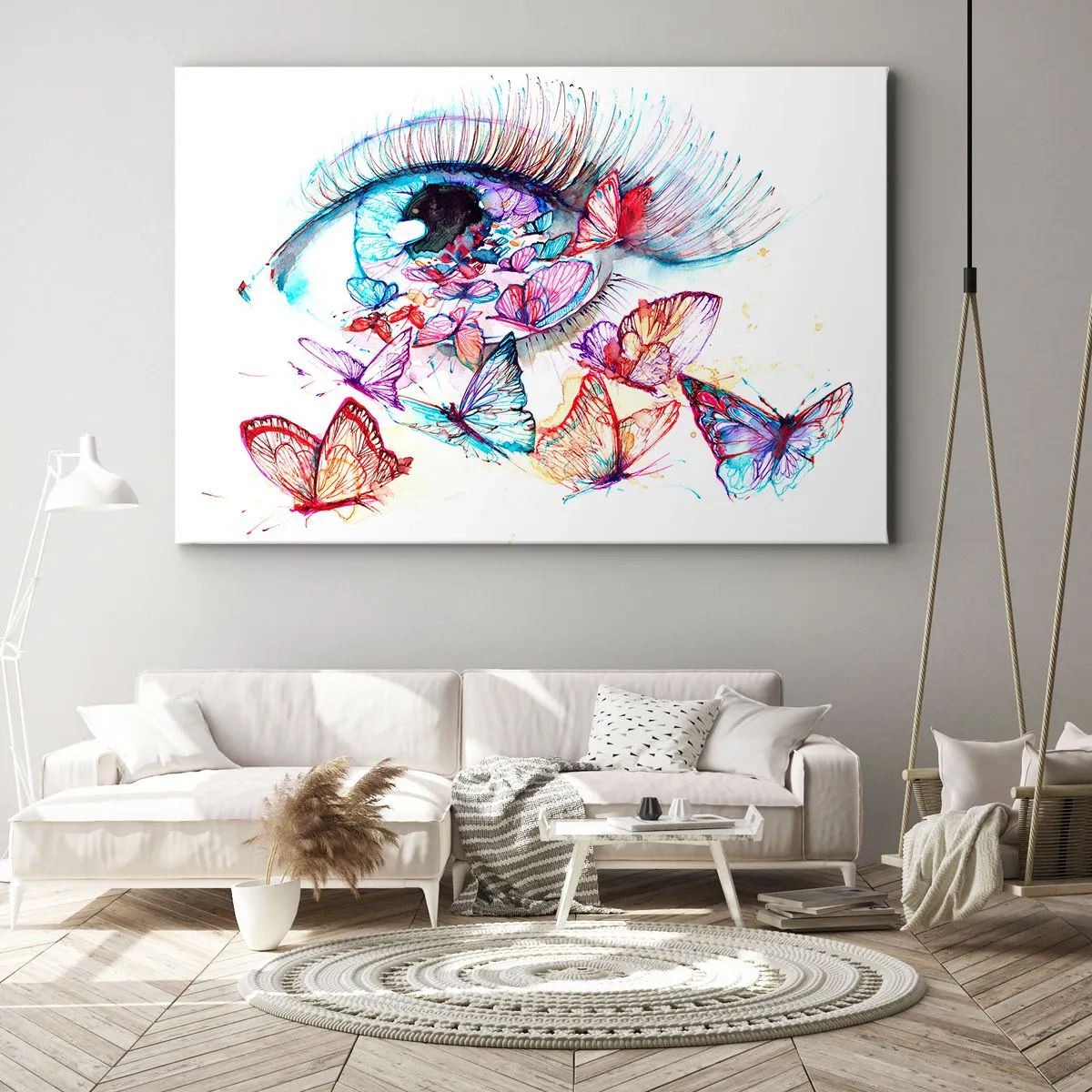 Vászonkép - Egy akvarell szem, színes pillangókkal körülvéve - 70x50cm - Mesebeli szemek varázsa - Modern fali dekoráció nappalihoz és hálószobához ARTTOR