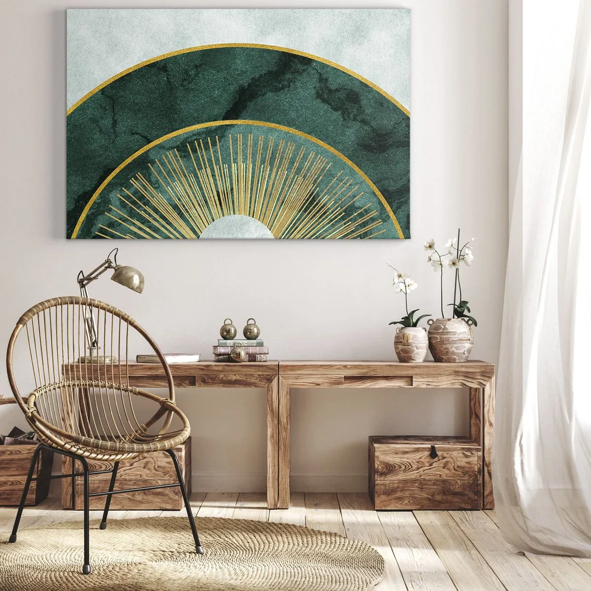 Vászonkép - Absztrakt minta smaragdzöld és arany színű körökkel. - 70x50cm - Egy másik naprendszer - Modern fali dekoráció nappalihoz és hálószobához ARTTOR