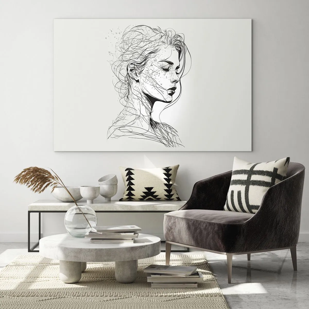 Üveg kép - Egy fekete-fehér vázlat egy nőről, csukott szemmel, finom vonalban. - 70x50cm - Portré álmodozásban - Modern fali dekoráció nappalihoz és hálószobához ARTTOR