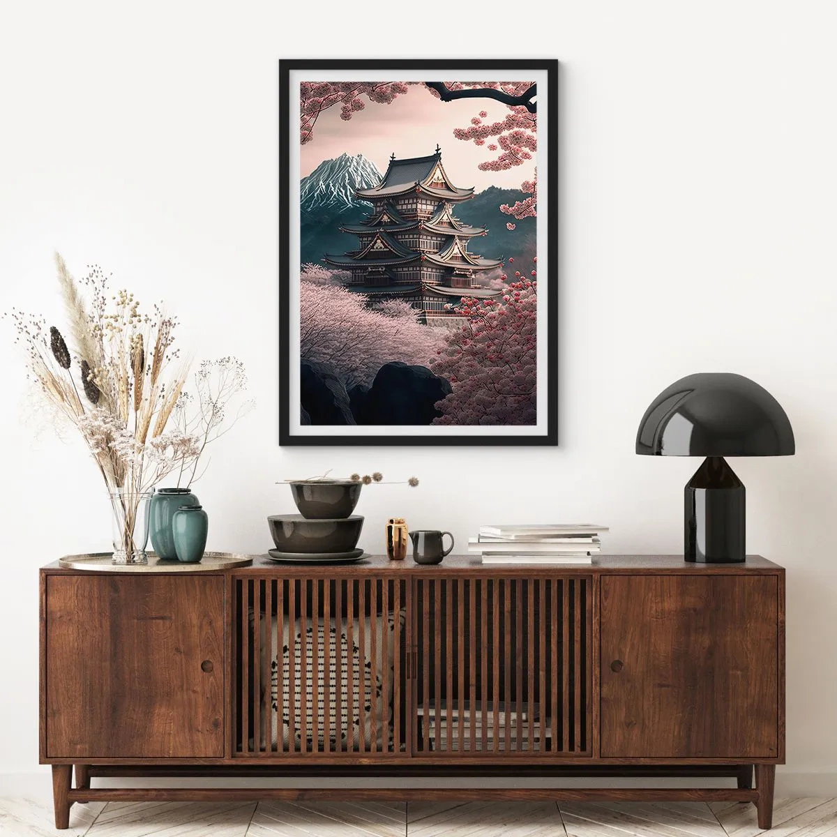 Poszter fehér keretben - Japán pagoda cseresznyevirágzás között - 50x70cm - A cseresznyevirágzás országa - Modern fali dekoráció nappalihoz és hálószobához ARTTOR