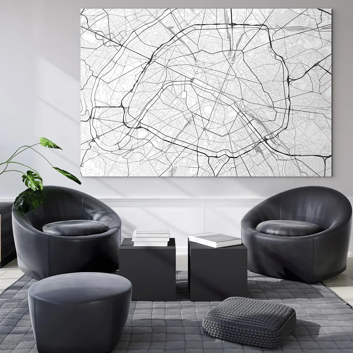 Üveg kép - Fekete-fehér várostérkép utcaráccsal és kör alakú artériákkal - 70x50cm - Párizs virága - Modern fali dekoráció nappalihoz és hálószobához ARTTOR