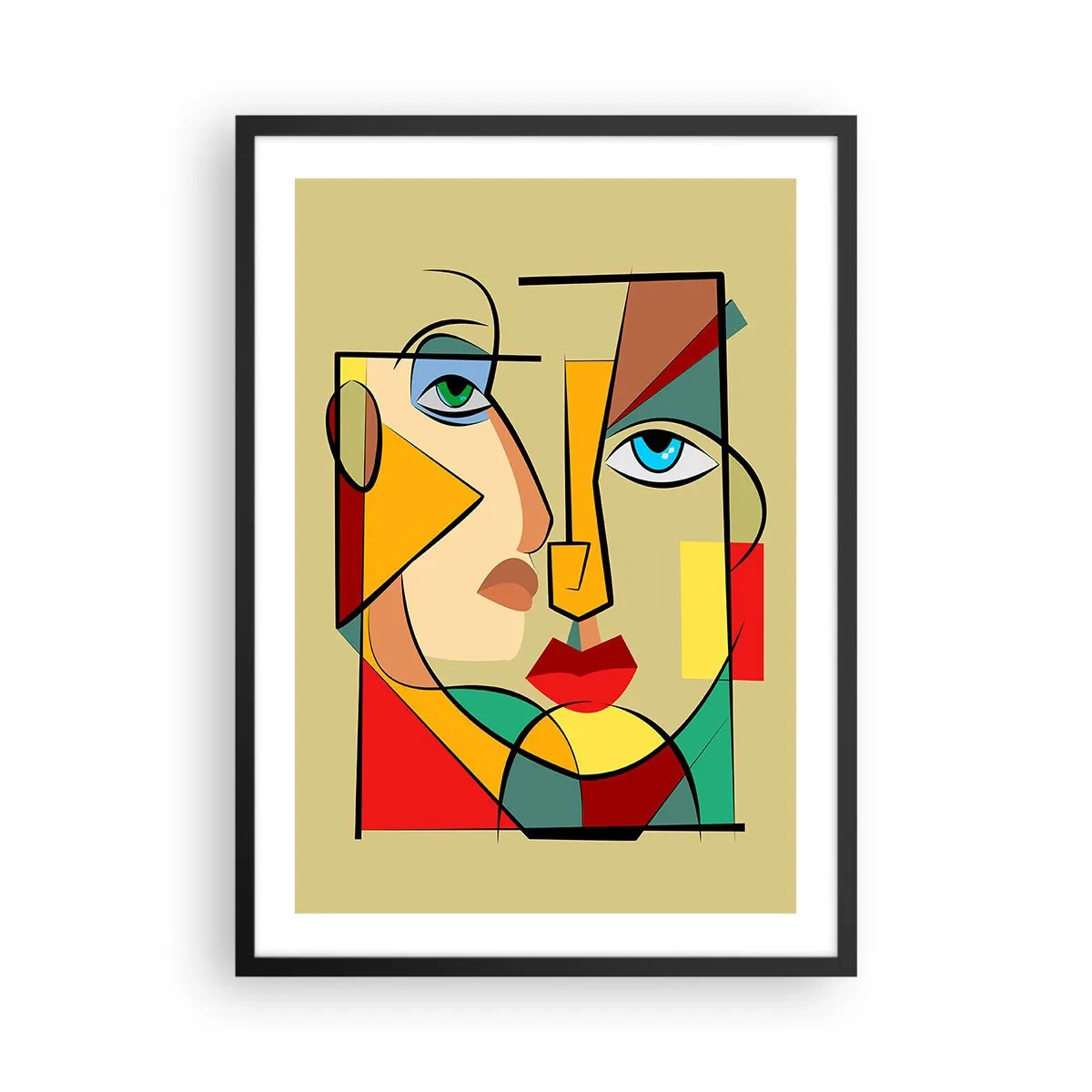 Poszter fehér keretben - Kubista portré intenzív színekben - 50x70cm - Egy összeillő pár - Modern fali dekoráció nappalihoz és hálószobához ARTTOR