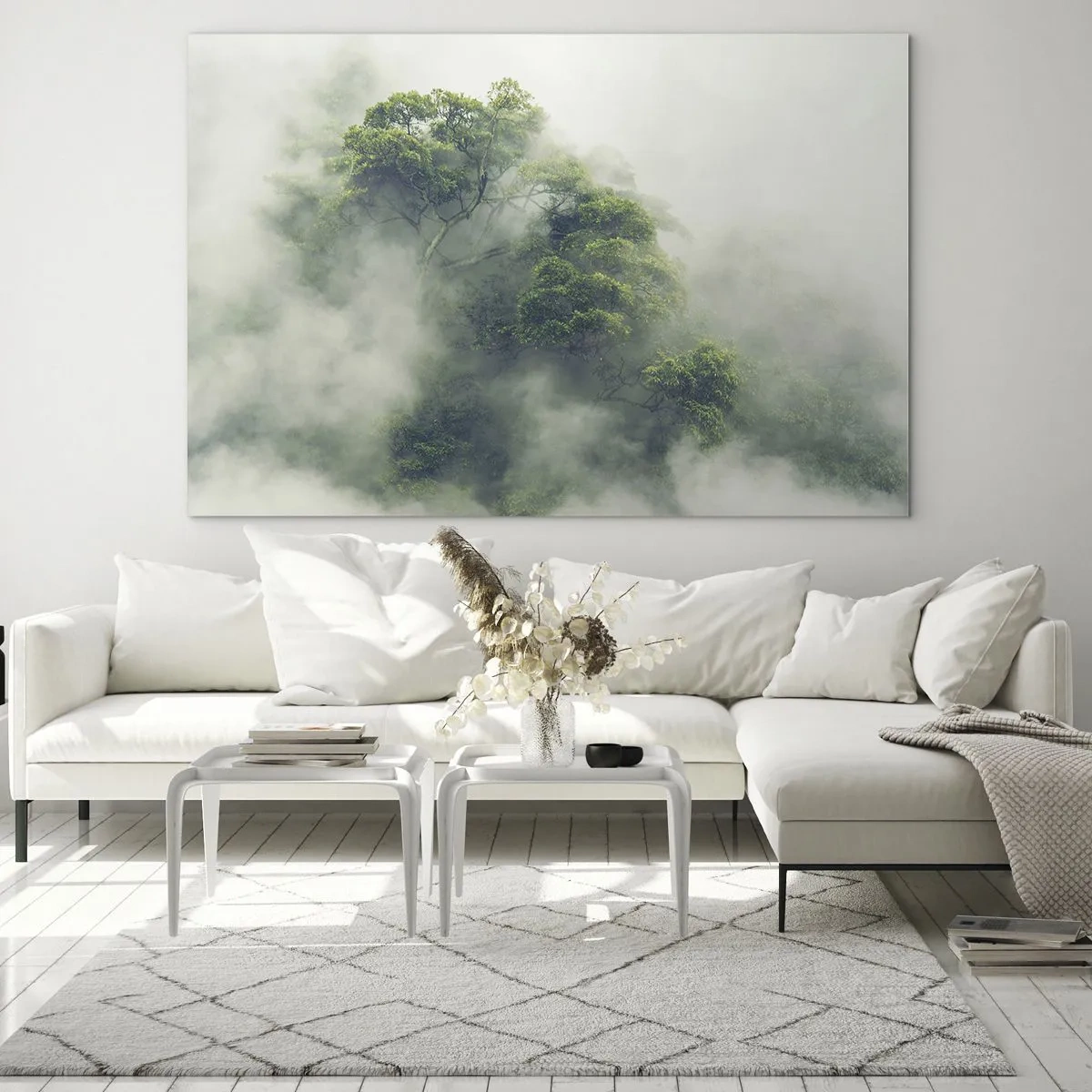 Üveg kép - Trópusi erdőfák bújnak elő a sűrű ködből - 70x50cm - Ködbe burkolózva - Modern fali dekoráció nappalihoz és hálószobához ARTTOR