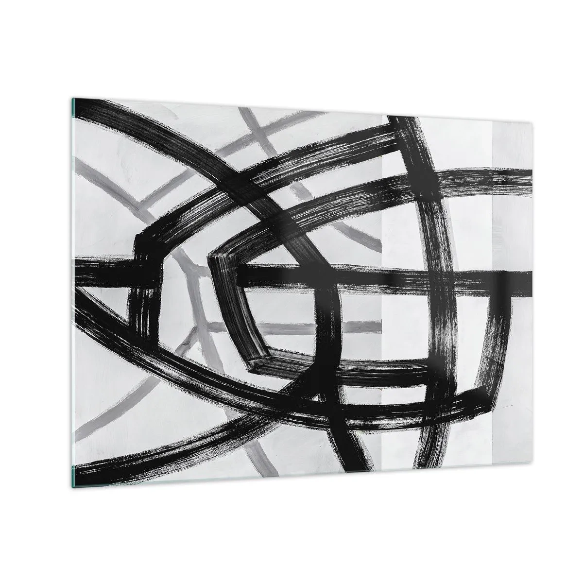 Üveg kép - A fekete és szürke ecsetvonások dinamikus vonalhálózatot hoznak létre. - 70x50cm - Mélység építése - Modern fali dekoráció nappalihoz és hálószobához ARTTOR