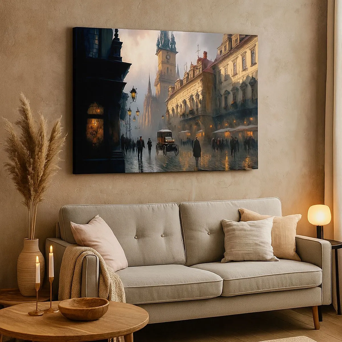 Vászonkép - Esti utcakép történelmi építészettel - 70x50cm - Egy prágai este varázsa - Modern fali dekoráció nappalihoz és hálószobához ARTTOR