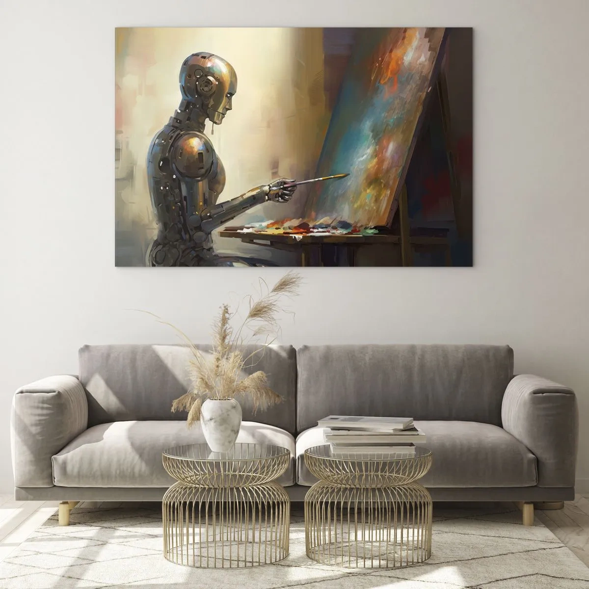 Üveg kép - Egy robot fest egy képet egy festőállványon - 70x50cm - A jövő művészete - Modern fali dekoráció nappalihoz és hálószobához ARTTOR