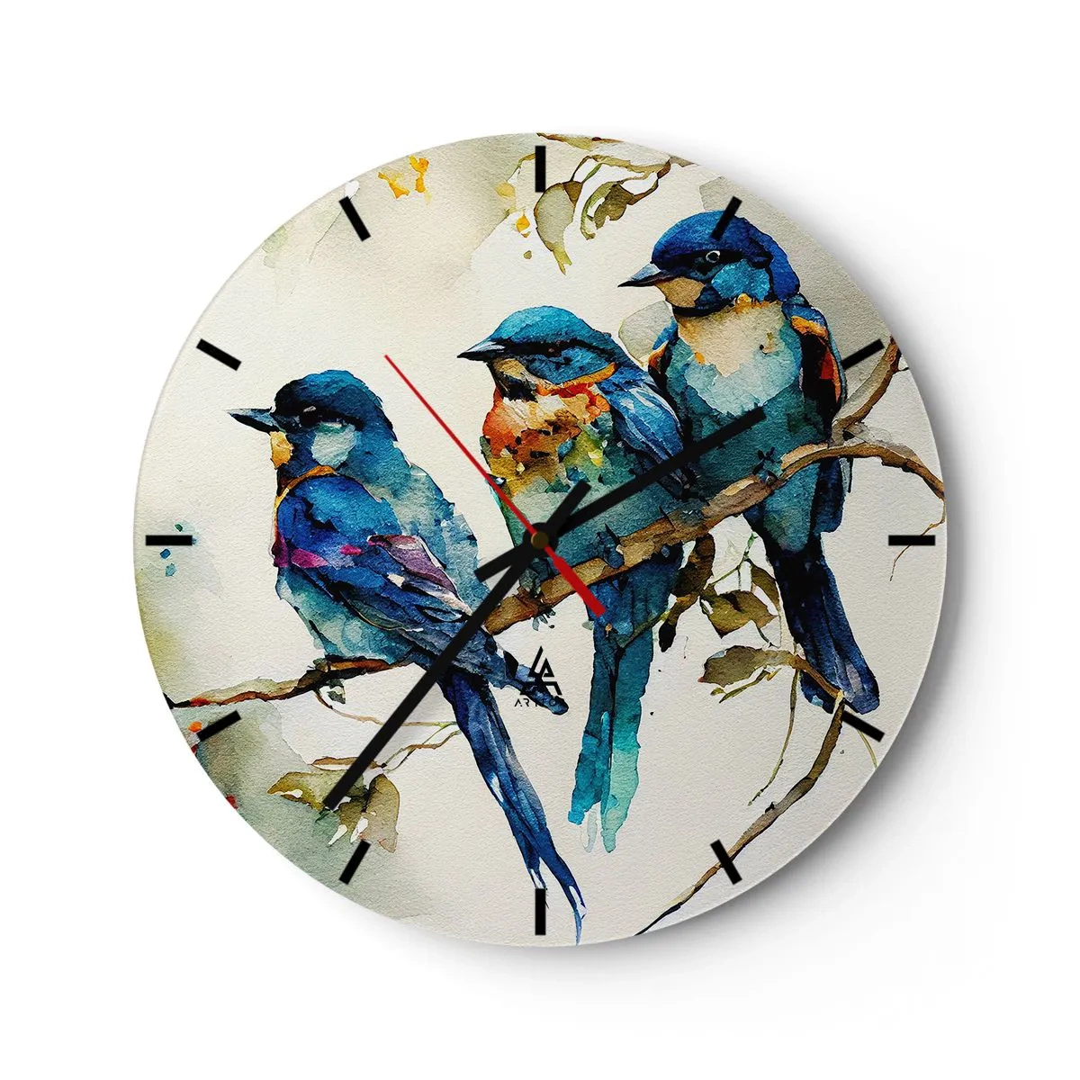Falióra, Óra - Színes madarak egy ágon akvarell illusztrációs stílusban - 30x30cm - Megsértődött? - Modern fali dekoráció nappalihoz, konyhához és hálószobához ARTTOR