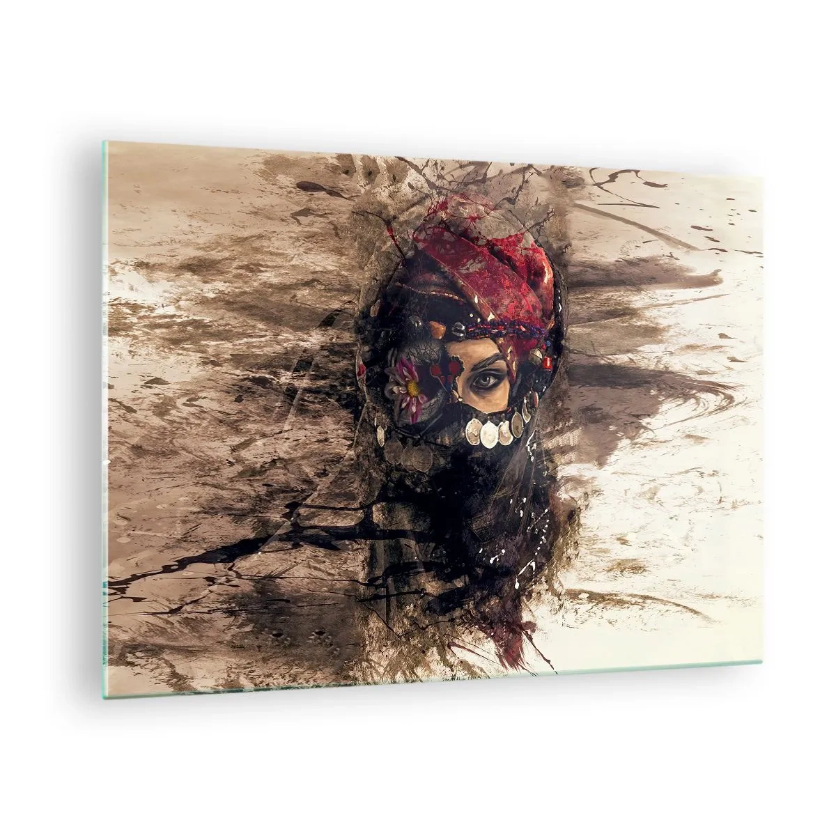 Üveg kép - Egy titokzatos nő portréja piros turbánban - 70x50cm - Legalább riasztó - Modern fali dekoráció nappalihoz és hálószobához ARTTOR