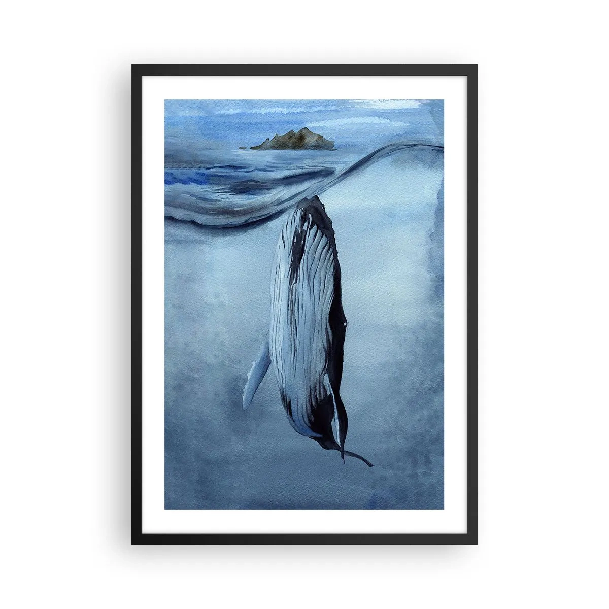 Poszter fehér keretben - Egy bálna az óceán felszíne alatt - 50x70cm - Észak két világa - Modern fali dekoráció nappalihoz és hálószobához ARTTOR