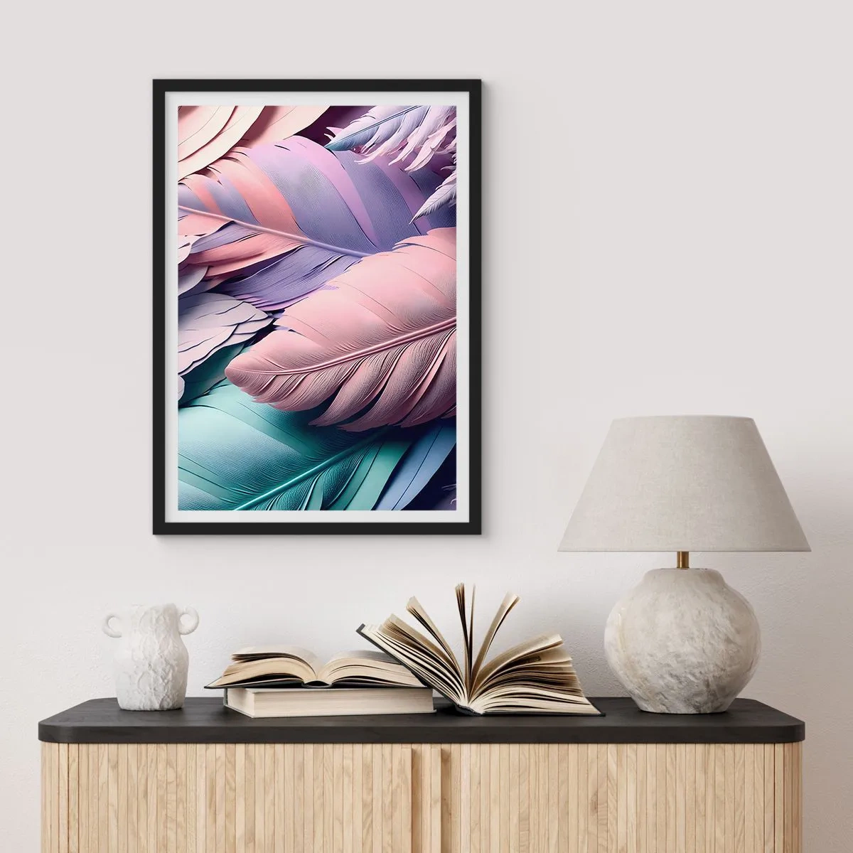 Poszter fehér keretben - Pasztell tollak finom árnyalatokban - 50x70cm - Madár sikk - Modern fali dekoráció nappalihoz és hálószobához ARTTOR