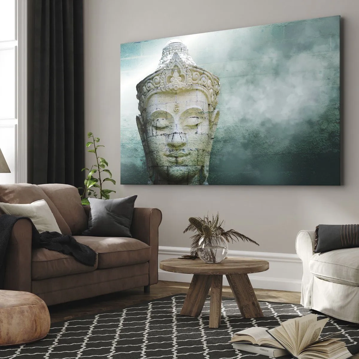 Vászonkép - Buddha-szobor lágy köddel zöld háttér előtt - 70x50cm - A fény kérése - Modern fali dekoráció nappalihoz és hálószobához ARTTOR