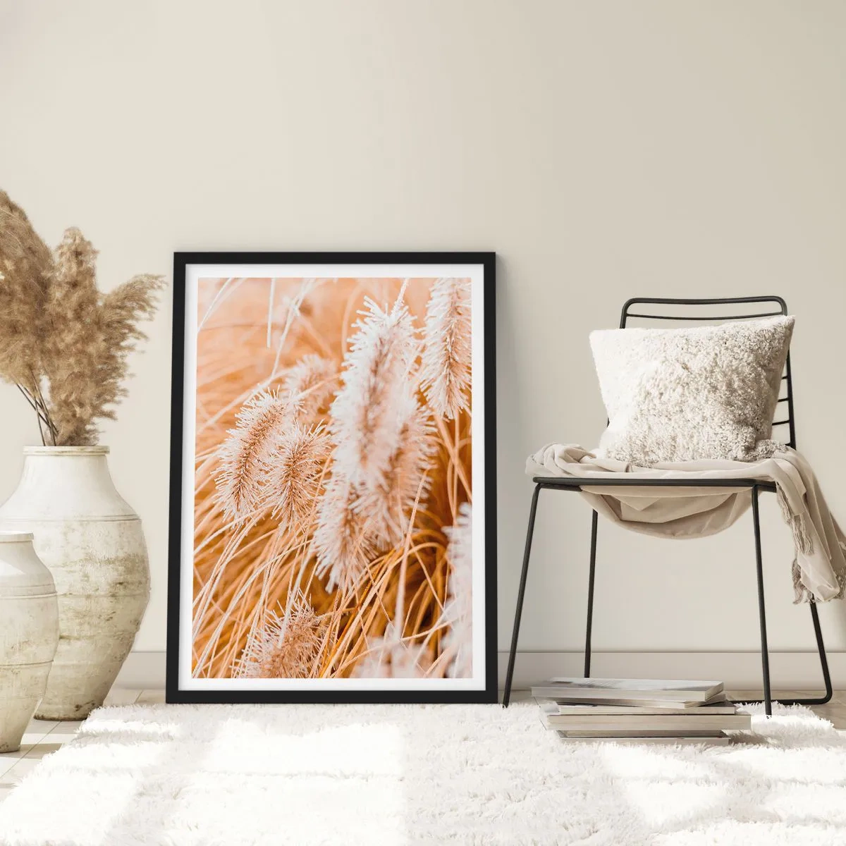 Poszter fehér keretben - Finom fűszálak pasztell bézs árnyalatokban - 50x70cm - A fű arany susogása - Modern fali dekoráció nappalihoz és hálószobához ARTTOR