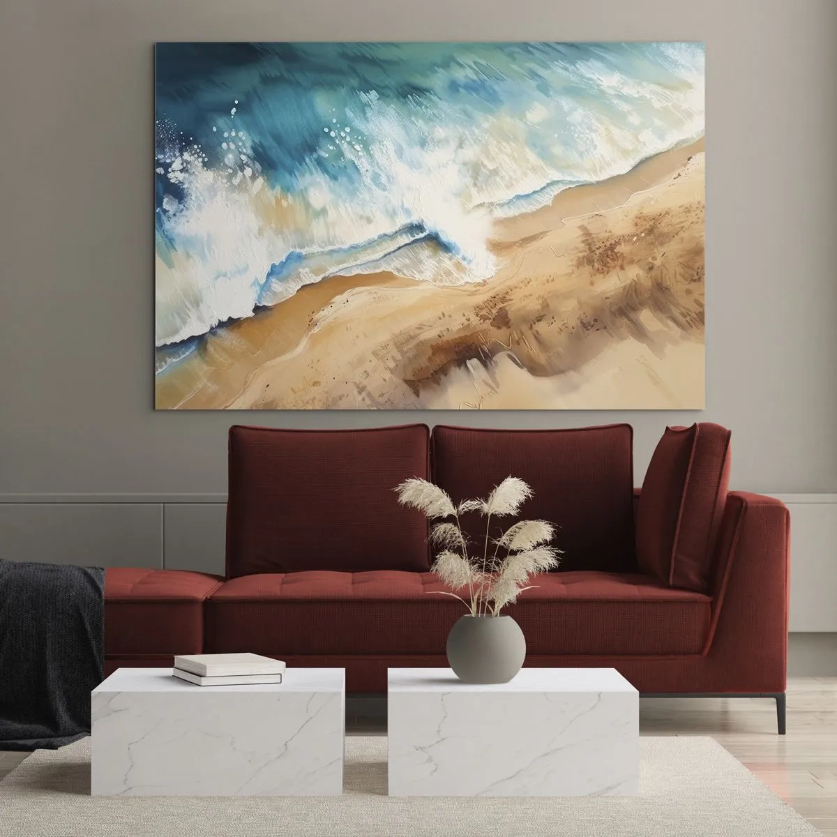 Üveg kép - Madártávlatból egy kék tengerhullám csapódik a homokos partnak - 70x50cm - Visszatérő hullám - Modern fali dekoráció nappalihoz és hálószobához ARTTOR