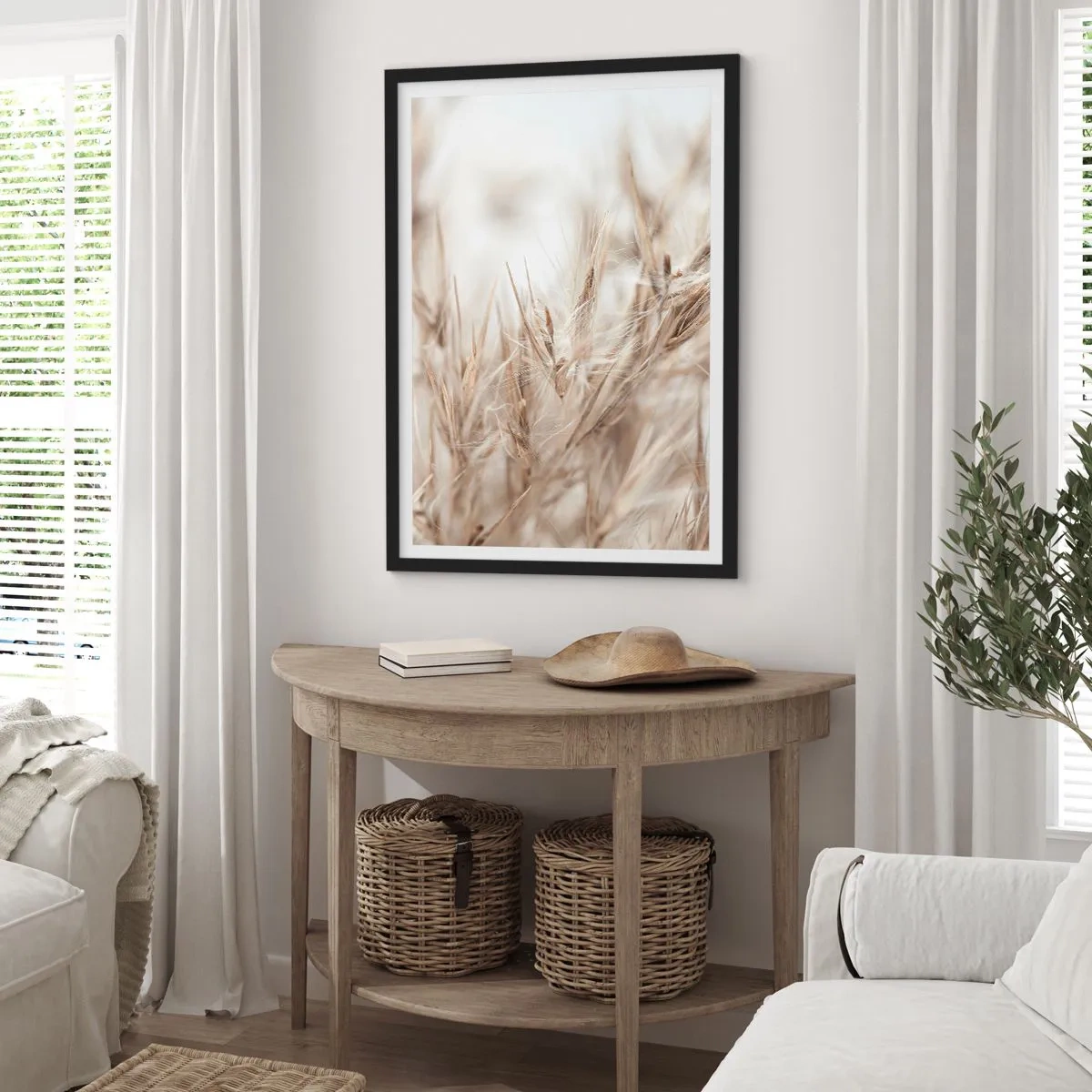 Poszter fehér keretben - Finom fűszálak bézs színben - 50x70cm - Mező és szél - Modern fali dekoráció nappalihoz és hálószobához ARTTOR