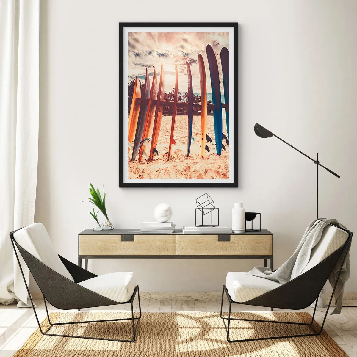 Poszter fehér keretben - Színes szörfdeszkák a strand és a pálmafák hátterében - 50x70cm - Jó éjszakát, holnapig - Modern fali dekoráció nappalihoz és hálószobához ARTTOR
