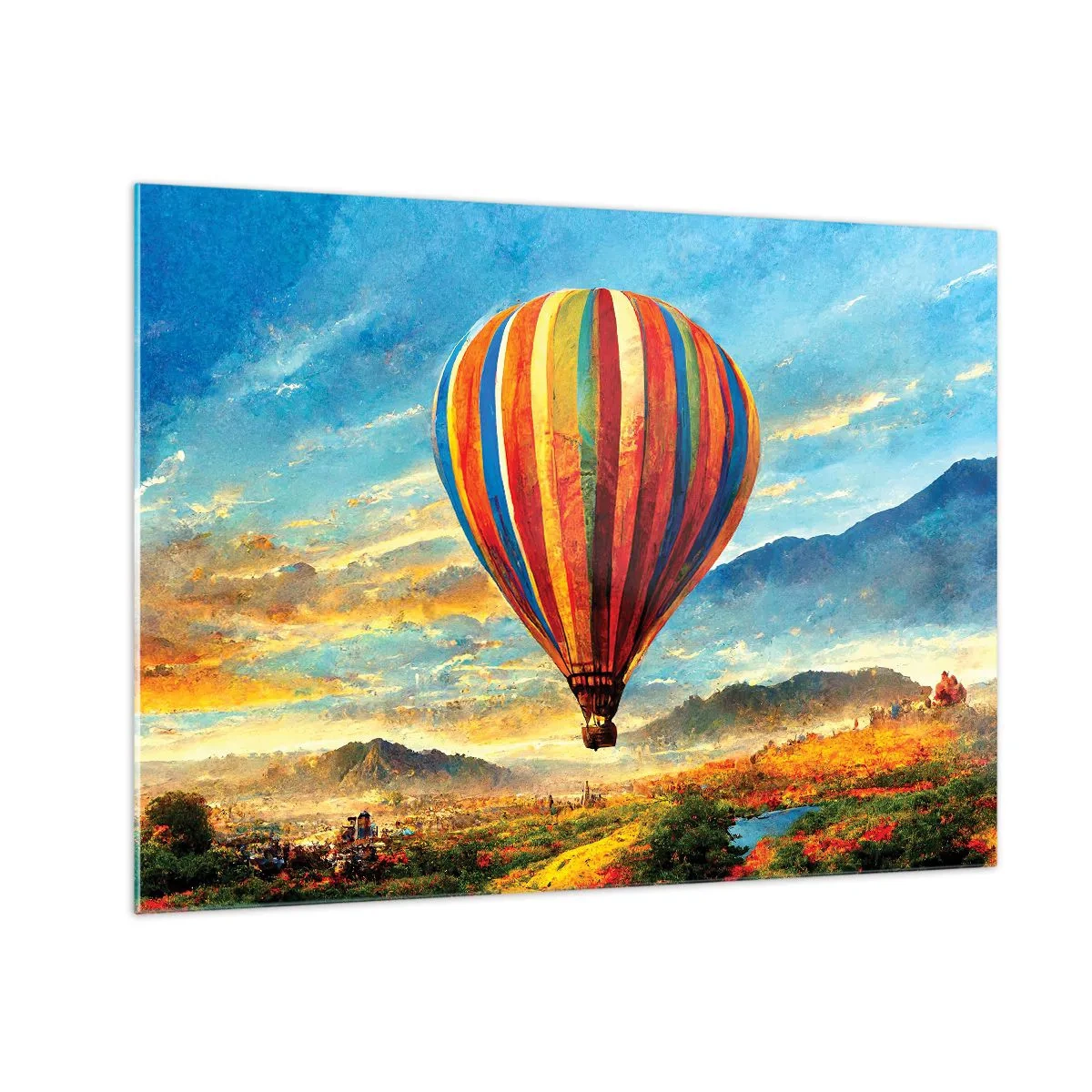 Üveg kép - Egy színes léggömb lebeg a hegyvidéki táj felett - 70x50cm - A csendben többet látsz - Modern fali dekoráció nappalihoz és hálószobához ARTTOR