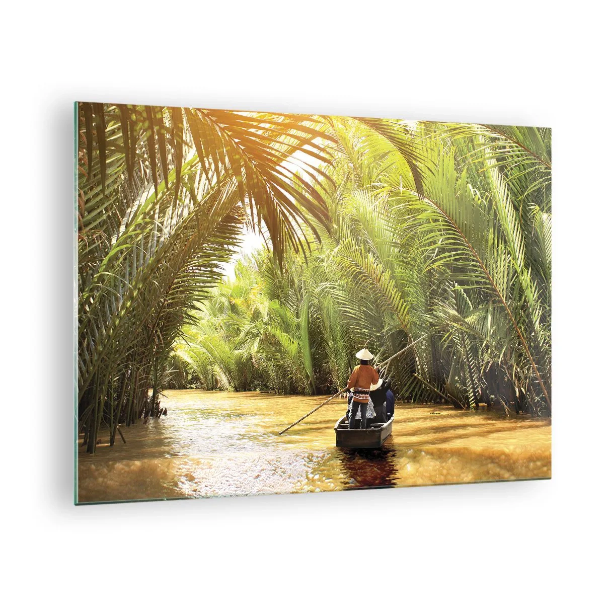Üveg kép - Egy férfi evez egy csónakban, amelyen egy pálmafákkal szegélyezett szurdokon halad át - 70x50cm - A pálma kanyonban - Modern fali dekoráció nappalihoz és hálószobához ARTTOR