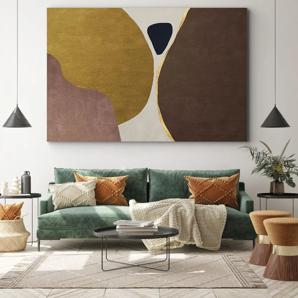 Vászonkép - Absztrakt kompozíció meleg színű geometriai alakzatokkal. - 70x50cm - Absztrakció - egy hely a térben - Modern fali dekoráció nappalihoz és hálószobához ARTTOR