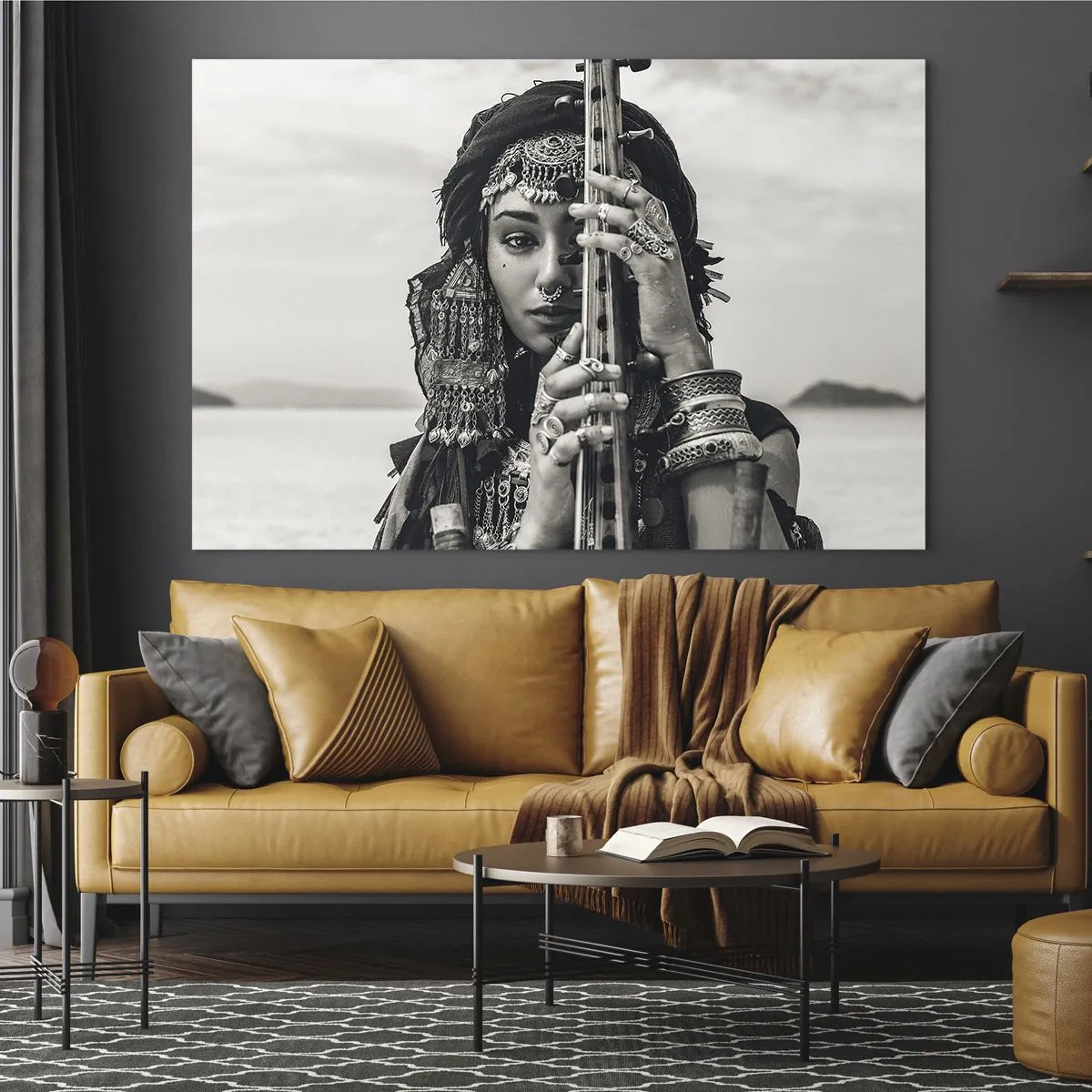 Üveg kép - Nő keleti ékszerekben, hangszerrel - 70x50cm - Csak a keleti zene - Modern fali dekoráció nappalihoz és hálószobához ARTTOR