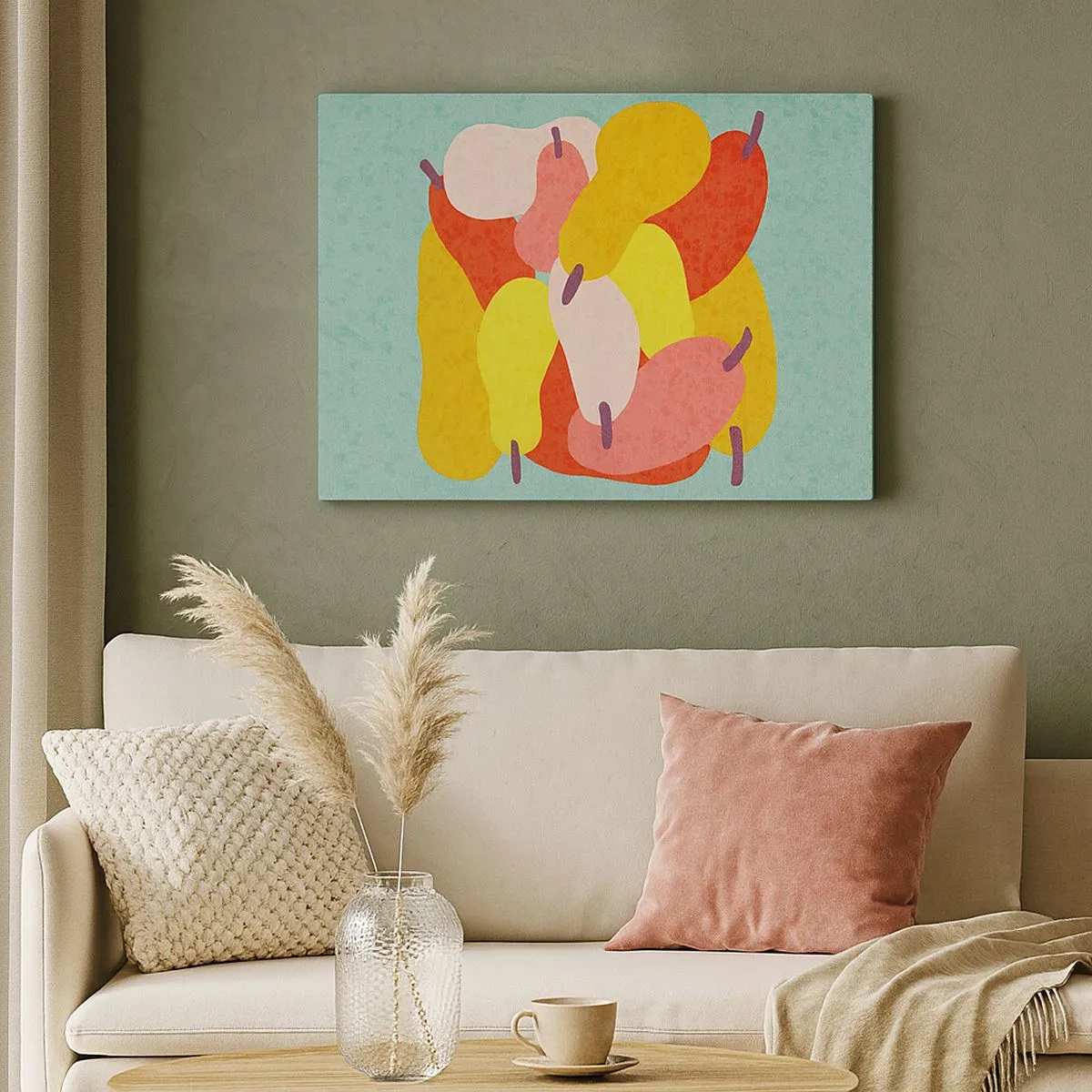 Vászonkép - Színes absztrakt körte zöld háttéren - 70x50cm - Ízlelgetni a nyári napot - Modern fali dekoráció nappalihoz és hálószobához ARTTOR