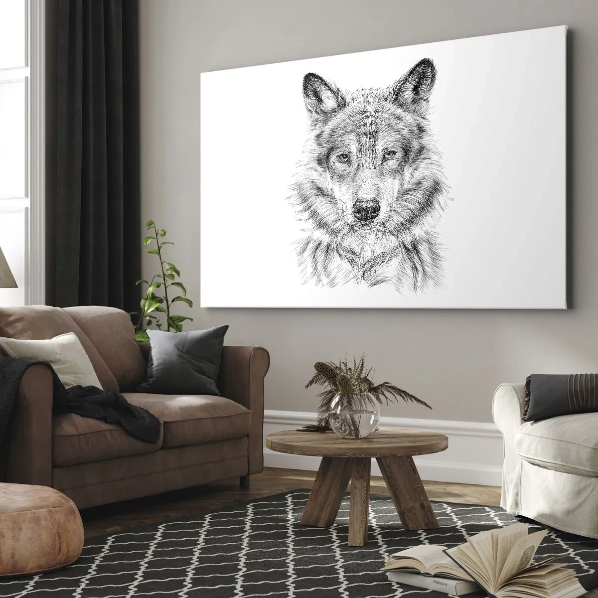 Vászonkép - Farkasfej vázlata fehér alapon fekete-fehér stílusban - 70x50cm - Született vezető - Modern fali dekoráció nappalihoz és hálószobához ARTTOR